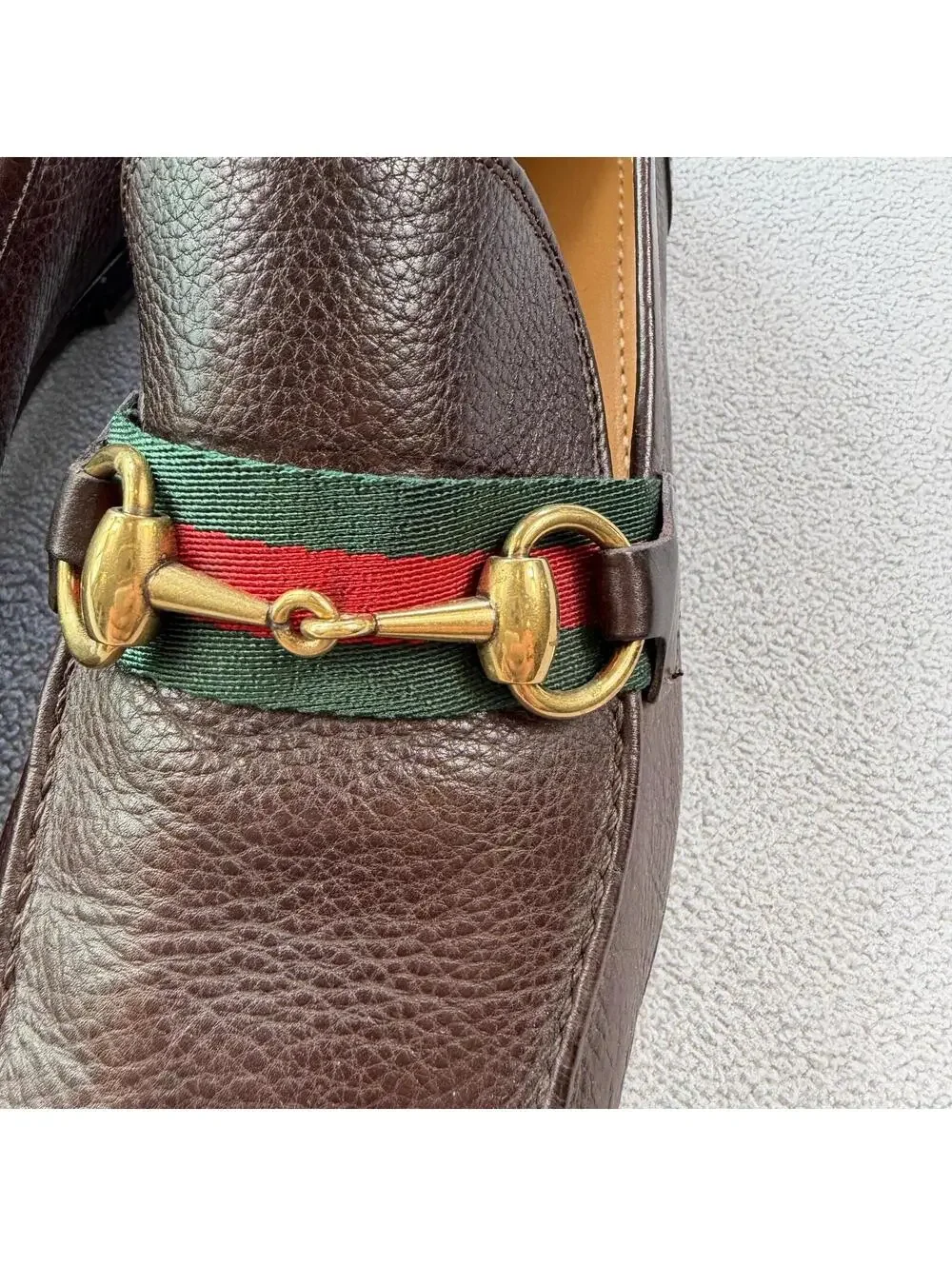 Gucci Horsebit Web Stripe Brown Pebbled Leather Loafers Mens US 7 Made in Italy